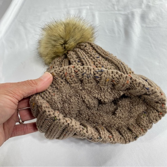 C.C. Thick Cable Knit Faux Fuzzy Pom Fleece Lined Beanie - Picture 3 of 7